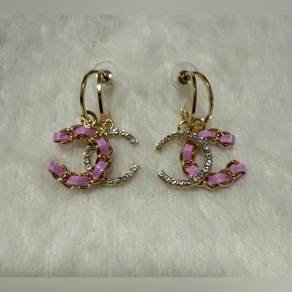 Elegant Pink Gold CC Drop Earrings